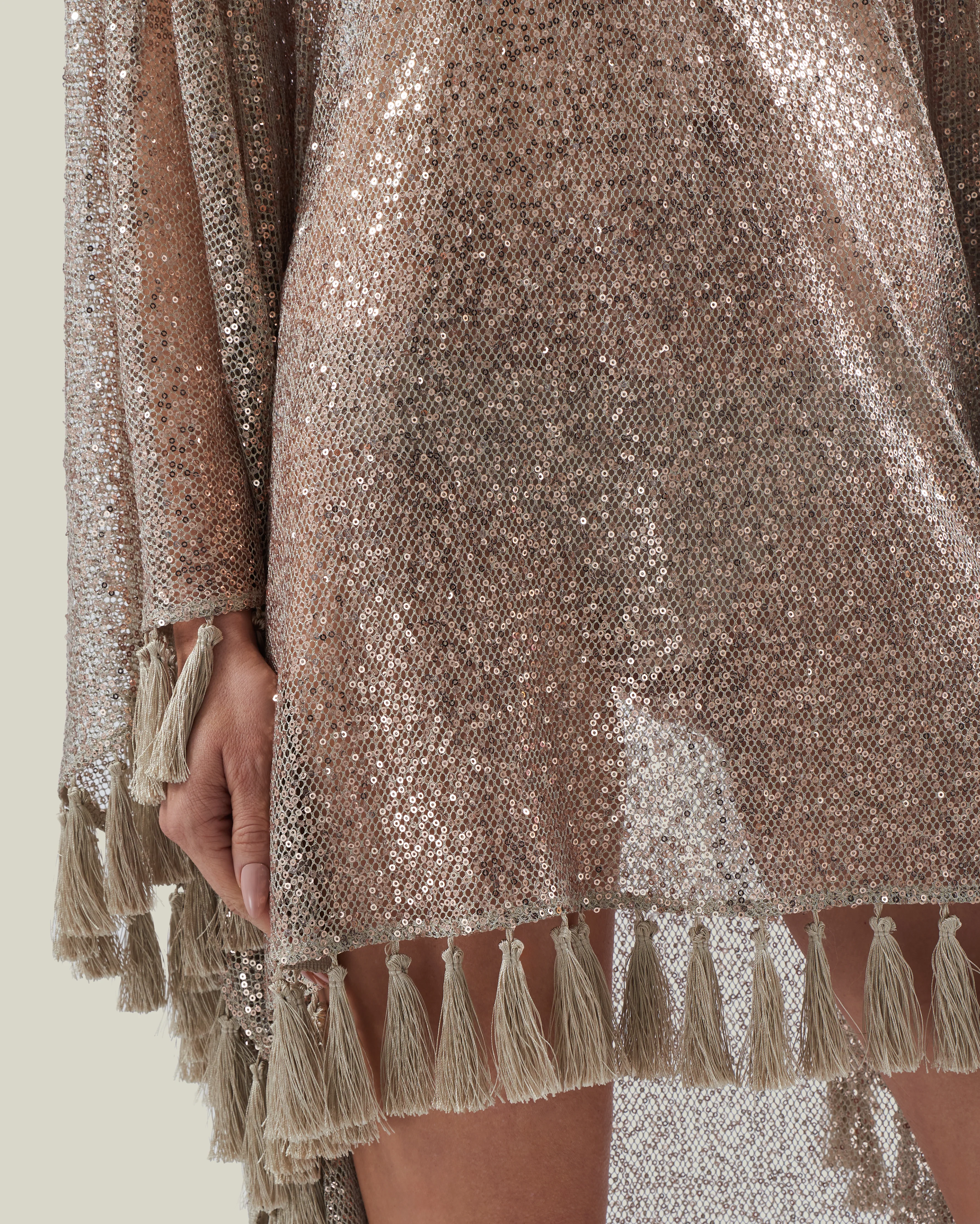 Fringed Trebbia Disco Kaftan in White Sand - Image 4